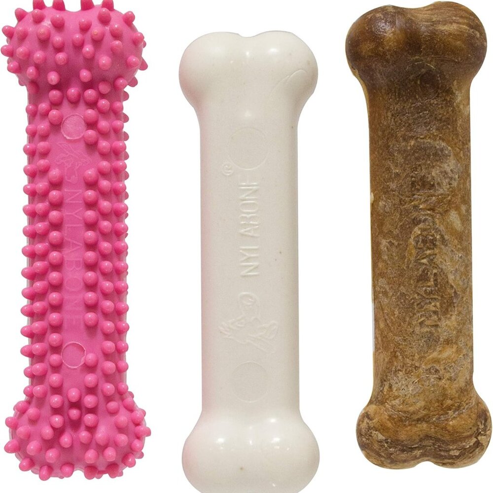 Puppy Chew Toys & Natural Treat Triple Pack, Pink, Chicken & Bacon Flavor, Small